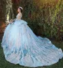 Princess Ball Gown Lace Quinceanera Dresses Sky Blue 15 Sweet 16 Puffy 3D Floral Plus Size Prom Party Gowns Vestidos De Novia