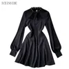 Women Shirt Dress Suit Necktie Hollow Mesh Patchwork Long-Sleeved Nipped Waist es A- Line Vestidos PL399 210506