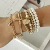 6 stks Mode Goud Kleur Link Chain Pearl Kralen Armband Ster Multilayer Beaded Armbanden Set voor Vrouwen Charm Party Sieraden Gift 5483