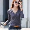 Jesień Ubrania Koreański Biuro Lady Style Slim Plus Koszule Bawełniane V-Neck Solid Color Koszulka Damska Z Długim Rękawem Top Kobieta 10638 210518 \ t