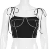 E-Girlカジュアルブラック原宿乳首トップホワイトストライプノースリーブバックレス女性スパゲッティストラップSティーアップファッションクロップ210517