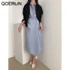 Qoerlin Solid Black Blue Long Shirt Dress Women Moda Moda Alta Temperamento Vestidos de camisa suave vestidos Plus Tamanho 210412