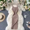 ALPHALMODA Summer Knitting Dress Women Solid Color Casual Body-con Dress Pullovers Simple Step Dress G1214