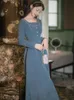 Старинные кормулы платья женщина серая голубая высокая талия макси веселые вечеринки вечерняя вечеринка элегантный длинный рукавом платье женская одежда 210603