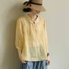 Été Arts Style femmes demi manches col claudine chemise ample Vintage broderie coton lin Blouse Femme hauts M167 210512