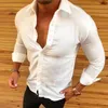 القمصان غير الرسمية للرجال قميص القطن الصيفي قميص لون بلون فضفاضة الخامس رقبة طويلة الأكمام تي شير