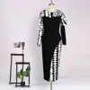 女性プリントドレスパッチワークビンテージブラックブロックカラー長袖ボディコンレトロエレガントなファッション控えめなアフリカの女性vestidos 210416