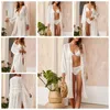 Women's Swimwear Women Loose Style Beach Blouse White Printed Pattern Long Sleeve Tops Ladies Side Slit See-through Bikini 2021