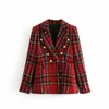 Vintage women elegant red plaid blazer jackets fashion ladies double breasted suits coat casual female chic blazers girls 210427