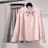 Primavera Estate Donna Sweet Two Piece Set Casual Pink Bow Collar Camicie Camicette Top e gonna longuette scozzese con lacci Completi 210416