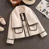 Haute Qualité Femmes Blanc Arc Vison Veste Manteau Pour Femme Slim Patchwork Poche Survêtement Dames Laine Court Vêtements D'hiver 211014