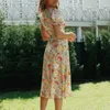 女性夏Vネックドレス半袖ラップサイド蝶ネクタイ花柄のエレガントなファッションカジュアルストリートドレス服210513
