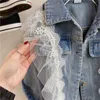 Korean Kids Girls Jeans Coats Spring Fall Children White Lace Denim Jackets Cotton Turn-down Collar Toddler Baby Tops Clothes 210622