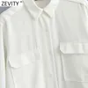 Vrouwen Simply Double Pocket Patch Business Shirt Office Lady Turn Collar Blouse Roupas Chic Chemise Tops LS9290 210416