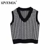 Kvinnor Mode Stora Houndstooth Stickade Vest Tröjor Vintage V Neck Side Vents Kvinna Waistcoat Chic Jumper Tops 210507