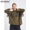 Vintage Snygg Fringe Beaded Loose Denim Jacket Coat Kvinnor Mode Långärmad Frayed Trim Ladies OuterWear Chaqueta Mujer 211014