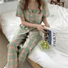 Pyjamas à carreaux Vêtements de nuit Vêtements de nuit Coton coréen Femme Summer Home Chic Lâche Vintage Rétro Deux pièces Costume Ensembles 210525