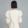 [EAM] Women Apricot Pleated Bandage Long Dress Round Neck Long Sleeve Loose Fit Fashion Spring Autumn 1DD7789 210512