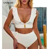 Gnim Ruffle Bikini Swimwear Mulheres com Cinto Verão Sólido Natação Terno Para Mulheres Cintura Alta Brasileiro Swimsuit Duas Peças 210407