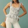 BBWM Chic Adjust Spaghetti Straps Camis France Ruffles Women Tank Top Sexy Blue Floral Print White Sleeveless Tee 210520