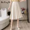 Beiyingni Élégant Plissé Femmes Jupe Midi Solide Couleur Travail Porter Vintage Mode Taille Haute Jupes Casual Noir Jupe Femme 210416