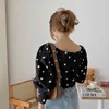 Koreańska moda polka dot długiego rękaw puff bluzki vintage bluzka dorywczo koszulka damska wiosna kwadratowy kołnierz biały czarne topy 14338 210521 \ t