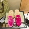Designer Women Fur Slippers Embroider flower flully Loafers Genuine Leather Mules Womens White Black metal buckle