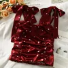 Kvinnors Blusar Syiwidii ​​Koreanska Blus Kvinnor Toppar Polka Dot Camis Casual Fashion Lace Up Bow Folds Crop Top 2021 Gröna Röda Kläder