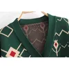 Fashion Woman Green Jacquard Cardigan Argyle Sweater V-neck Short Knitted Jacket Female Sweaters 210421