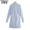 TRAF Dames Chique Mode met knoop Gestreepte geplooide mini-jurk Vintage lange mouw Onregelmatige vrouwelijke jurken mujer 210730