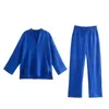 Za Женщины костюмы 2-х частей костюм осень моды простой свободный синий V-образным вырезом женский костюм повседневная улица молодежный модный костюм женщины 211007