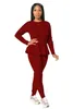 本物のポス女性の固体フリル2個セット女性カジュアルOネックフルスリーブレースアップTシャツ+ハイウエスト鉛筆パンツ衣装210525