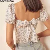 Kvinnor Flroal Print Topp Monterad Bodice och Back Sweetheart Neck Puff Sleeves Kvinna Tie Closure Chic T Shirt Toppar 210520