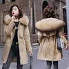 Kış Ceket Kaban Kadın Kalınlaşmak Sıcak Rahat Uzun Parkas Kürk Astar Pockets Pamuk Kürk Yaka Sıcak Kapüşonlu Parkas Mujer 210521