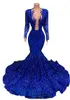 2022 Africain Bleu Royal Scintillant Paillettes Dentelle Bling Robes De Bal Manches Longues Paillettes Sirène Plus La Taille Pageant Robe De Soirée Formelle Robes De Soirée Col En V Profond