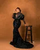 Plus size Arabische Aso Ebi Black Sparkly Mermaid Prom Dresses kralen pure nek lovertjes formeel avondfeest tweede receptie jurken zj263