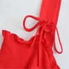 Za Strappy Attaché Cropped Red Top Femmes À Volants Col En V Bretelles Réglables D'été Blouse Sans Manches Côté Zip Dos Nu Blouses 210602