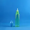 100セット/ロット25ml 0.8オンスユニコーングリーンプラスチックドロッパーボトル子供抵抗性改ざん安全キャップロングシンニップルチップダブルセーフストアジュース液体オイルフラックス25 ml