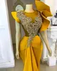 2021 Plus Size Arabic Aso Ebi Yellow Mermaid Stylish Prom Dresses Lace Beaded Crystals Evening Formal Party Second Reception Bridesmaid Gowns Dress ZJ335