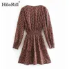 V Neck Floral Print Boho Beach Dress Long Sleeve Casual Pleated Mini Elastic Waist Fashion Lady Bud es Robe 210508