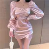 Vintage Folds Whie Medium-length Dress Spring Long Sleeve Slim Buttocks High waist Sexy Women 333G 210420