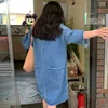 Korejpaa mulheres vestido verão coreano chique vintage simples selvagem v-pescoço solto casual sete pontos manga bluim denim vestidos 210526