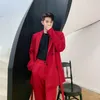 IEFB Men's Clothing Red Temperament Show Ribbon Design Mid Length Suit Coat Single Breasted Long Sleeve Blazer 9Y7073 210524