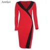 Women Dress Fashion Spring 2021 V-neck Long Sleeve Plus Size Patchwork Physical Party Cocktail Business Dresses Casual