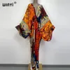 Sexy bech hoogwaardige handgerolde gevoel zijde rayon mode print winyi maxi damesjassen lange strand V-nek Boheemse jurk 220225