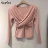 Koreański V-Neck Cross Drobe Design Slim T Shirt Kobiety Work Style Ol Multicolor Casual Tees Jesień Zima Sexy Lady Top 210422