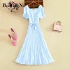 Beiyingni vintage retro pläterad klänning sashes kortärmad vanlig koreansk elegant sommar high street casual vestidos de fiesta 210416