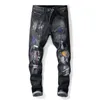 Jeans déchirés noirs Hommes Slim Fit Stretch Fashion Modèles brodés en détresse Streetwear Hip HiP Pantalon Denim Mâle Style Punk X0621