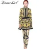 Luxe gouden luipaardprint Designer Runway Suit Autumn Women Long Sleeve Blouse Shirt Half rok Potlood Pant 3 -delige set 210416