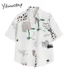 Yitimuceng Print Blouse Women Button Up Shirts Short Sleeve Turn-down Collar Straight White Summer Korean Fashion Tops 210601